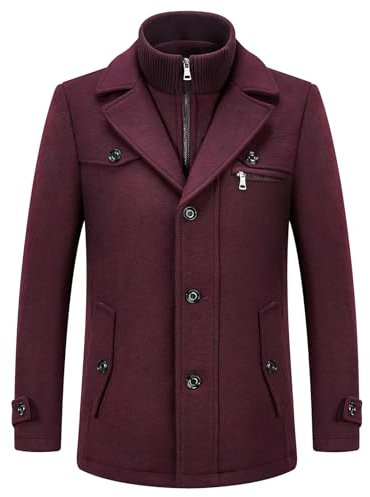 KUDORO Manteau Homme en Laine Chaud pour Hiver Trench Coat Mi-Long Classique Pardessus Parka Caban Slim Fit Élégant Business Décontractée Duffle-Coats Coup-Vent Revers Overcoat(Bourgogne,XL)