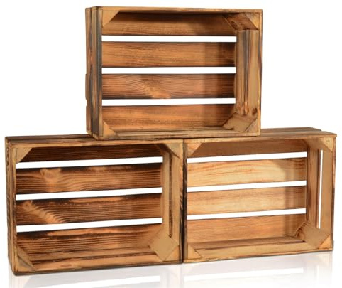CHICCIE 3 Set Geflammte Obstkisten - 38x28x15cm Holzkisten Weinkisten Apfelkisten