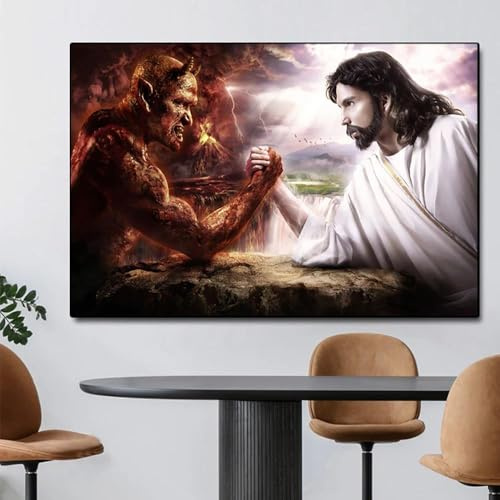 Yocheng Gott Jesus gegen Satan Teufel Kunstbild auf Leinwand, Malerei, Poster und Drucke, Religion, Wandkunst, Dekoration für christliches Wohnzimmer 60x90cm ohne Rahmen