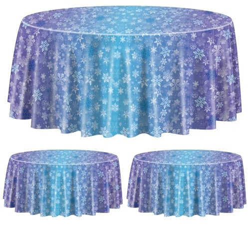 3 Stück Winter Schneeflocken Tischdecken für runden Tisch, 210x210cm blau und lila Schneeflocken Kunststoff runden Tisch Decken Winter Wonderland Party Dekorationen für Prinzessin Party Weihnachten