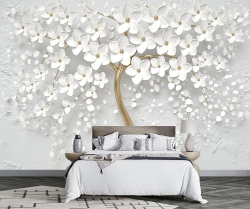 MIWEI Wallpaper Papier Peint Panoramique Relief Floral Blanc Papier Peint Nature Intissé Murale Chambre Salon -F005-430cmX300cm
