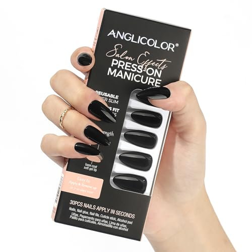 Anglicolor Ongles à presser,ongles à presser noirs Halloween, ongles à presser courts, ongles courts en amande, 30 faux ongles en gel souple en 15 tailles, kit de faux ongles (A108, 30 unités)