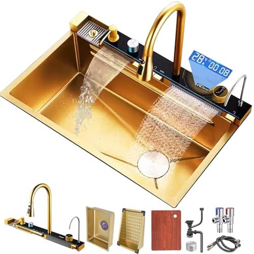 UIOPPOI Kitchen sink Whale double waterfall sink with LED display with cup washer, soap dispenser, waterfall mixer, countertop controls, etc Workstation kitchen sink (85 * 46 * 22cm, Gold)