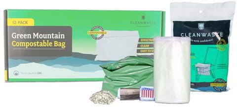 Cleanwaste Green Mountain Compostable Portable Toilet Bag (12 Pack) - No Leaks - Gelling Poo Powder with Odor Control, Handwipe & Toilet Paper (Camping, Hiking, Outdoor)
