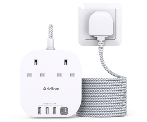 5M Extension Lead, Power Strips with 2 Way Outlets 4 USB (4.5A, 1 Type C and 3 USB A Ports) Surge Protection Plug Extension Socket with Braided Extension cord for Home/Office