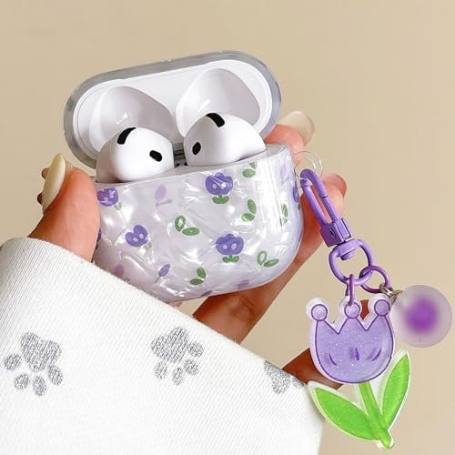 PHOEACC Kompatibel mit AirPods 4 Generation Hülle Case Cute Luxus Marmor Schutzhülle mit Perlenschale Schlüsselanhänger für Mädchen und Frauen (Tulpe Lila)