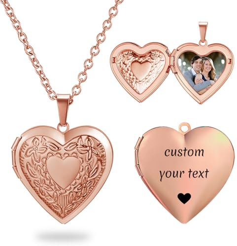 PHOCKSIN Personalized Love Heart Necklace that Holds Pictures Rose Gold Heart Locket Necklace Flower Engraved Customized Gifts Locket Necklaces for Women