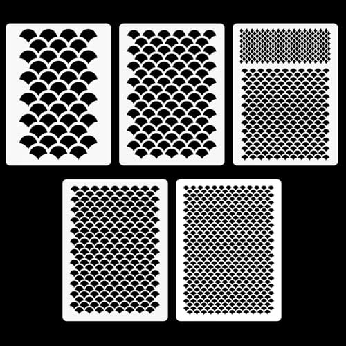 5 stk Fischschuppen Schablonen,Meerjungfrau Gesicht Make-Up Schablonen,20×15cm Meerjungfrau Schablone,Wiederverwendbar Malerei Zeichenschablonen,Fischschuppen Vorlage für Malerei auf Wand Körper Stoff