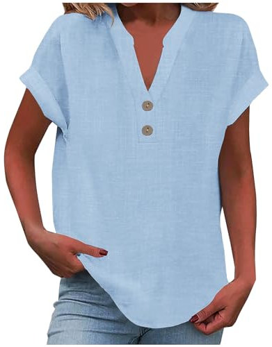 Women's Summer Cotton Linen Cap Sleeve T-Shirt Button V Neck Tunic Tops Lounge Baggy Solid Plain Casual Shirts Trendy Blouse