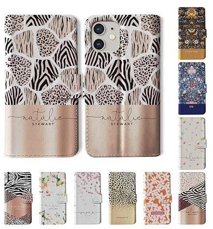 Tirita Personalised Wallet Phone Case for iPhone 14 With Card Holder – Leather Flip Case or Cover With Custom Name – Cute Personalised Gift for Women [13. Leopard Print Collage]