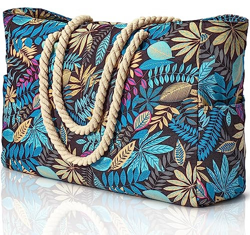 oscaurt Strandtasche Badetasche XXL Familie Tote Bag Shopper Tasche Damen Faltbare Beach Tote Bag mit Reißverschluss Einkaufstasche Saunatasche Weekender Damen
