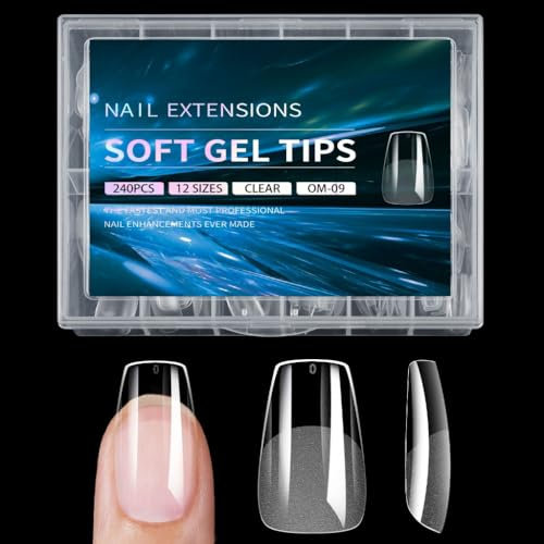 240Pcs Square Gel Nails Tips Full Clear Nails Gel Extensions 12 Sizes for Home Manicure Supplies
