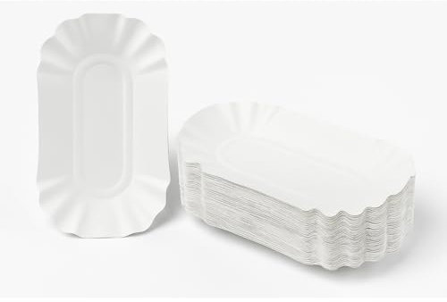 Commerline 250 Stück Pommesschalen aus Pappe (11 x 19,5 x 3,2 cm) KU1 – Rechteckige Currywurst Pommes Papierteller, Stabile & Umweltfreundliche Einwegteller für Party & Gastronomie