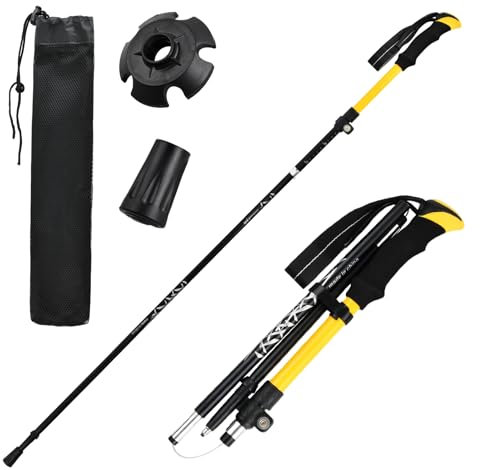 2 Pezzi Bastoni Trekking, Bastoncini Trekking Pieghevoli, Racchette Walking con Manico in Eva e Borsa, Alluminio per Montagna Escursioni e Sci, 113-138cm (Giallo)