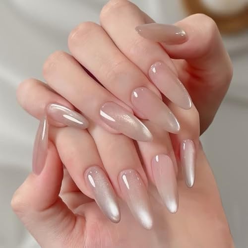 30PCS Light Coffee Cat Eye Press on Nails with Glue – Square Glossy Full Cover Acrylic Fake Nails for Women, Elegant Neutral Gel Full Cover Acrylic Nail Tips for Women