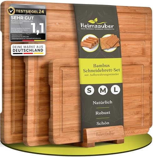 Schneidebrett Holz 3er Set | Schneidebrett Bambus mit Griff & Saftrille | Holzbrett Küche | Tiefkarbonisiertes Bambus Schneidebrett | 2 cm dick für höchste Stabilität | Schneidebrett Set inkl Ständer