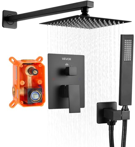 VEVOR Set Doccia, Flessibile Sistema Doccia a Pioggia per Bagno con Soffione Quadrato da 20,3 cm e Doccetta, Accessori per Vasca da Parete con Valvola in Ottone e Kit di Finitura, Nero Opaco