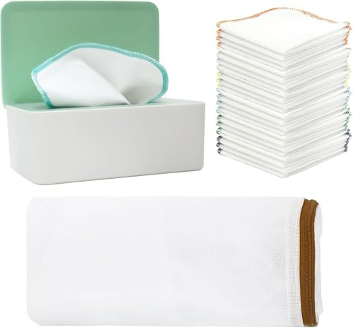 54 Stück Flanelltuch Babytücher Wiederverwendbare Babywindeln Wischtücher mit grünem Spender waschbar Baby Gesichtstücher Weiche und stabile Tücher für Hand und Gesicht Neugeborene Essentials