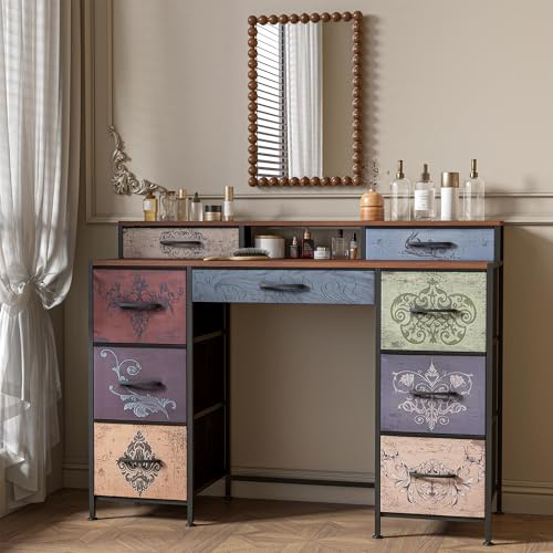 KRYZOR Schminktisch mit 9 Stoffschubladen, Frisiertisch, offenes Regal, komodenschrank, Kommode für Schlafzimmer, Schreibtisch mit Aufbewahrung, Aufbewahrungsmöbel für Make-up (Retro, 121x40x91.2)