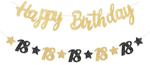Fesnova Glitzer Happy Birthday Banner Set,deko 18. Geburtstag Junge Gold und Schwarz,18.Geburtstag Girlande mit Sternen,16,5x8,8 cm Dekoration für Partys,Zeremonie zum Erwachsenwerden,Jubiläum,Mädchen