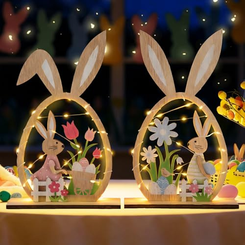 YOUYIKE 2 Stück Osterhase Holz, LED Beleuchtet Niedlich Holzhase Modern Osterdeko Innen Heim Party Tisch Deko