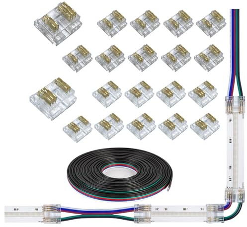 20 Stück 5-poliges COB-LED-Streifenlicht-Anschlusskit 5-poliger 12 mm/0,47 Zoll lückenloser lötfreier Anschluss, 3 m 24 AWG-Verlängerungskabel für RGBW-COB-LED-Streifenlichter