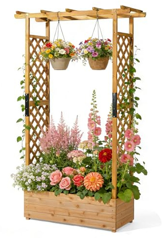 LEADZM pflanzkübel mit rankgitter, Holz Blumenkasten mit rankgitter Ablauflöchern, Hochbeet Balkon für Kletterpflanzen & hängende (Höhere Version(109 x 44 x 182 cm))