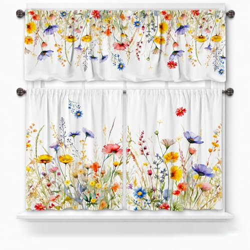 Higijapuf Lot de 3 Rideaux Brise-bise Cuisine, Rideau bistrot Aspect Lin avec cantonnière et Petits Rideaux de fenêtre, Motif Floral printanier à Carreaux, 137 x 46 cm et 69 x 91 cm