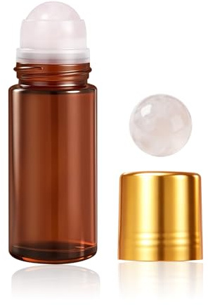 SOLUAME Rose Quartz Essential Oil Roll-On Bottle, Amber Glass Rose Quartz Roller Ball Bottle, 50ml Refillable, Leak-Proof Roll-On Bottles, Ideal for Travel and Decanting Essential Oils