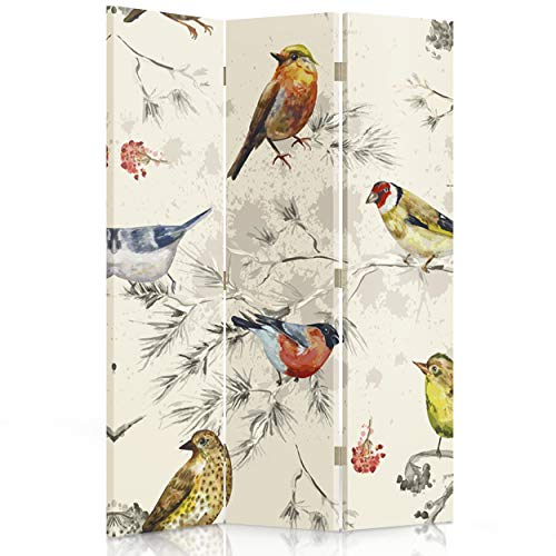 Feeby Paravent Vögel 110x150 cm 3 Teilig Modern Design beidseitig Raumteiler Wandschirme Foto Trennwand Raumtrenner Sichtschutz Spanische Wand auf Leinwand Bedruckt Weiß Mehrfarben