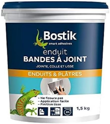 Bostik Enduit Bandes à Joint en pâte, Jointe Lisse et Colle, Prêt à l'Emploi, Application Facile, Blanc, Pot de 1.5 kg