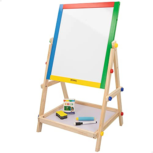 WOOMAX - Pizarra niños Infantil con Caballete,Mide 40x36,5x68 cm, Doble Cara, Incluye tizas, Borrador y Marcador Negro, Pizarras de pie para niños, +3 años (43688)