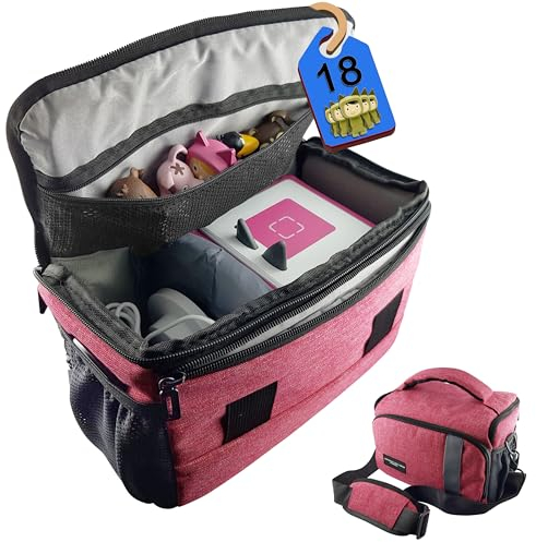 Toniebox Tasche für Figuren und Box mit Schultergurt | auch für Tigerbox Touch | für 18 Toniefiguren, Kopfhörer, Ladestation | PINK | Toniebox Zubehör | Tigerbox Tasche | Tonie Transporttasche