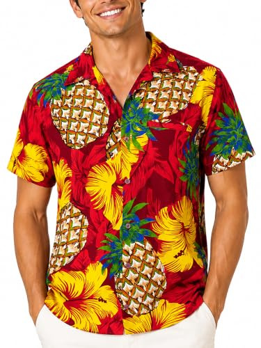 King Kameha Funky Hawaii-Hemd, Herren, Kurzarm, Pineapple-Hibiscus, Rot, 3XL