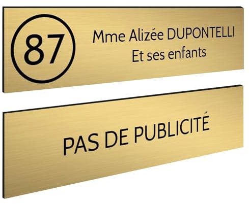 DECOHO - Plaque Boite aux Lettres Personnalisable - Lot de 2 plaques adhésives en Plastique Durable - Or brossé Lettres Noires - 100x25 m - Or