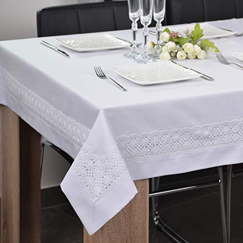 DECOOR Tischdecke abwaschbar 350x140 cm eckige Tischwäsche aus Stoff in Leinenoptik schmutzabweisende Tafeldecke wasserabweisend 220 g/m² Tischtuch mit dekorativer 5 cm Bordüre Weiß