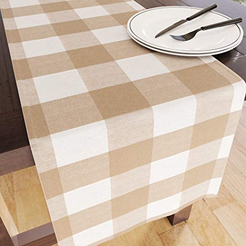 Encasa XO Chemin de Table en Coton | Taille 32x230 cm | Chèques Beige Buffalo - Lavable en Machine et Durable
