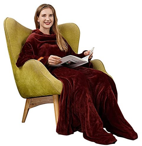 Winthome Wearable Blanket with Sleeves and Foot Pocket, Soft and Warm for Sofa Lovers. with Elastic Cuffs, Hook and Loop Fastener (Wine Red)