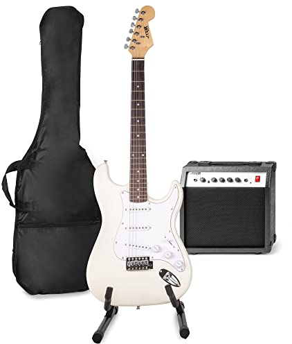 MAX GigKit kit completo de guitarra eléctrica blanco con amplificador de 40W, soporte, funda, afinador digital, cable de instrumento, correa ajustable, púas y cuerdas de repuesto incluidas