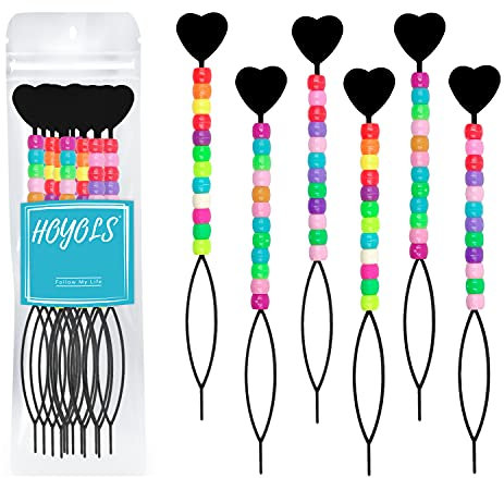 Hoyols Quick Hair Beading Tools with Colorful Pony Beads Magic Topsy Hair Tail Braid Stringer Ponytail Maker for Kids Girls 6pcs Black