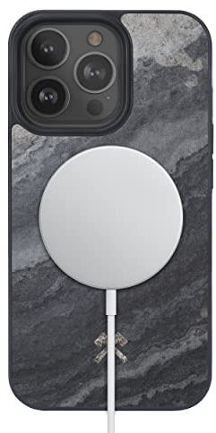 Woodcessories - Magnetisches Bumper Case für iPhone 13 Pro Max kompatibel mit MagSafe, Handyhülle mit Magnet aus Stein, Camo Grau