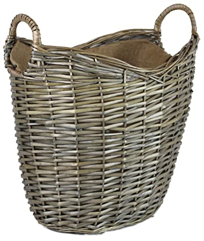The Pescara Collection Oval Grey & Antiqued Wicker log baskets. Hessian lined. Wood & kindling storage for home hearths and fireplace. Large wood burner bin (Hoop Handle, 52 cm)