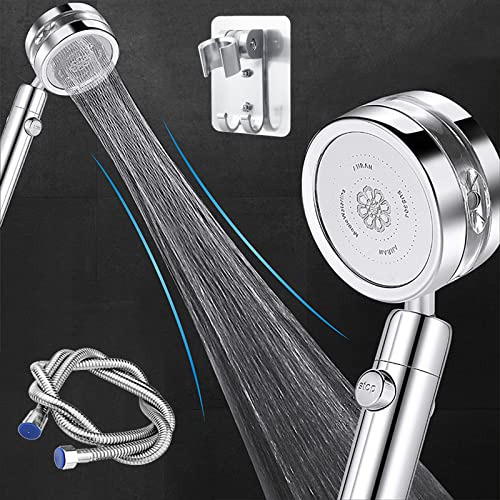 Turbo Shower Head 360° Rotating, Handheld Turbocharged Shower Head+Bracket+Hose Replacemnet Kit, Double Outlet Panel Curved Waterline, High Pressure Propeller Hydro Jet, Water Saving, Easy Install