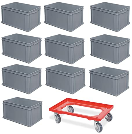 BRB 10er SPAR-Set Euro-Behälter PLUS Transportroller, 600x400x320 mm, Griffleisten, Industriequalität lebensmittelecht grau