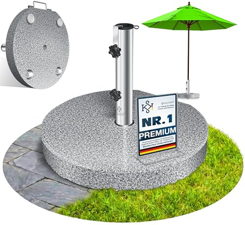 KESSER® Soporte Granito para Sombrilla con Tubo Acero Inoxidable, Base Ronda 30KG - para Postes Sombrilla 16-48 mm, Incl. Asa Transporte para Jardín y Balcón, Gris