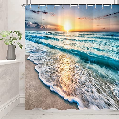 GCIREC Rideau de Douche, 180x180cm, Été Tropical Vagues de l'Océan Coucher de Soleil Côtier Hawaii Mer Fraîche Bord de mer Tissu Imperméable Rideau de Salle de Bain Lavable en Machine avec Crochets