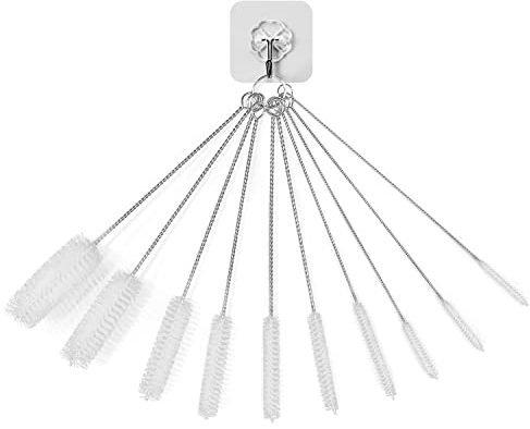 Juego de 10 cepillos de Limpieza de Nailon, 1 Gancho, Cepillo de Limpieza de Tubo pequeño, Limpiador de Tubos de Botella de Nailon para Limpiar pajitas, Tubos de Botellas, boquillas (Blanco)