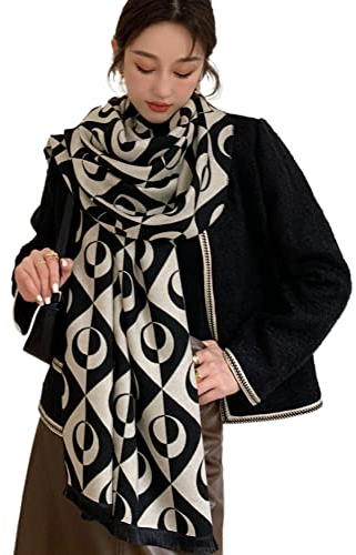 EROSTIMO Schal für Damen, Kaschmir-Haptik, Schal, Wollmischung, Schal, Muster, bedruckt, Winter, dicke Übergrößen-Wraps, Moon Black