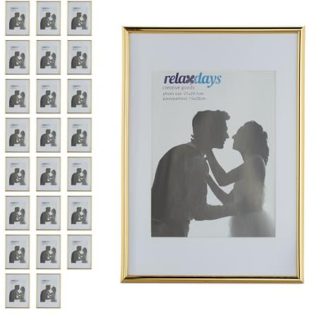 Relaxdays Cadres Photo, Lot de 10, 20x30 cm, Passe-Partout 15x20 cm, Cadre Verre, Porte-Photo à Poser ou à Suspendre, dorés