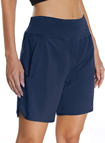 Mesing Damen Sporthose Kurz Laufhose High Waist Sport Shorts Atmungsaktiv Fitness Kurze Hose mit Innenslip und Reißverschlusstasche Hinten DK3085W-Blue-M
